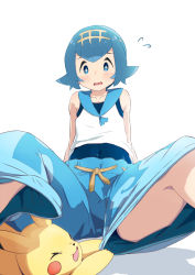 Rule 34 | 1girl, baggy pants, bare arms, blue eyes, blue hair, blue pants, blue sailor collar, blush, bright pupils, capri pants, child, covered navel, creatures (company), flying sweatdrops, game freak, gen 1 pokemon, hairband, lana (pokemon), matching hair/eyes, nintendo, open mouth, pants, pikachu, pokemon, pokemon (creature), pokemon sm, sailor collar, short hair, sitting, sleeveless, spread legs, swimsuit, swimsuit under clothes, tadano omake, trial captain, wavy mouth
