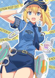 Rule 34 | 1girl, ahoge, aiguillette, armband, artoria pendragon (fate), baseball cap, belt, blonde hair, blue background, blue eyes, blue headwear, blue shirt, blue skirt, blush, breasts, caution tape, chopsticks, collared shirt, cuffs, fate/grand order, fate (series), gloves, hair between eyes, hair through headwear, handcuffs, hat, heroic spirit festival outfit, highres, keep out, large breasts, long hair, looking at viewer, mysterious heroine x (fate), mysterious heroine xx (fate), necktie, nissin cup noodle, open mouth, pencil skirt, police, police uniform, ponytail, shimouki izui, shirt, short sleeves, skirt, thighs, uniform