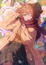 Rule 34 | 1girl, absurdres, alternate costume, animal ears, aston machan (umamusume), black skirt, blush, box, breasts, brown coat, brown hair, brown pantyhose, casual, coat, commentary, covering own mouth, cowboy shot, english commentary, flower, gift, gift box, highres, holding, holding flower, horse ears, isana615, long sleeves, looking at viewer, lying, on back, one eye closed, one side up, open clothes, open coat, orange shirt, pantyhose, red nails, scarf, shirt, shirt tucked in, short hair, skirt, small breasts, solo, string, string of fate, umamusume, yellow eyes