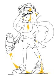 Rule 34 | 1girl, comamawa, goggles, goggles on head, greyscale, high contrast, highres, inkling, inkling girl, inkling player character, long hair, looking at viewer, looking down, monochrome, navel, nintendo, shoes, splatoon (series), splattershot (splatoon), spot color
