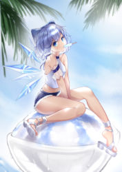 Rule 34 | 1girl, absurdres, alternate costume, bare legs, bare shoulders, blue bow, blue eyes, blue hair, blue shorts, blue sky, bow, cirno, contemporary, cutoffs, day, detached sleeves, detached wings, food, full body, hair bow, highres, ice, ice wings, looking at viewer, midriff, mo ying yu, mouth hold, navel, outstretched arms, palm tree, popsicle, sandals, see-through, shaved ice, shirt, short hair, short shorts, shorts, sitting, sky, sleeveless, sleeveless shirt, solo, touhou, tree, white footwear, white shirt, wings