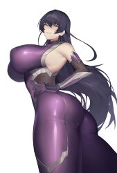 Rule 34 | 1girl, absurdres, ass, black hair, breasts, from below, hand on own hip, highres, huge breasts, igawa asagi, legs, long hair, looking at viewer, naughty face, parted lips, purple eyes, smile, solo, taimanin (series), taimanin asagi, thick thighs, thighs