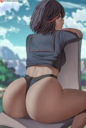 Rule 34 | 1girl, arched back, ass, black hair, black panties, blue sky, blurry, blurry background, breasts, cloud, commentary, crop top, hair between eyes, highres, kill la kill, looking at viewer, looking back, matoi ryuuko, multicolored hair, no pants, on chair, outdoors, panties, patreon logo, patreon username, profile, sailor collar, shexyo, sitting, skindentation, sky, solo, streaked hair, thighs, underwear, watermark, web address