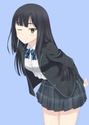 Rule 34 | 1girl, ;), absurdres, arms behind back, black hair, black jacket, black skirt, blazer, blue background, blue bow, blue bowtie, blunt bangs, blush, bow, bowtie, buttons, collared shirt, commentary request, cowboy shot, flatfield, highres, jacket, leaning forward, long hair, long sleeves, looking at viewer, one eye closed, open clothes, open jacket, open mouth, original, plaid, plaid bow, plaid bowtie, plaid skirt, pocket, school uniform, shirt, simple background, skirt, smile, solo, standing, white shirt, winter uniform, yellow eyes