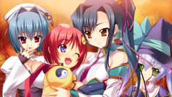 Rule 34 | 4girls, :d, ;d, animal print, aqua bow, autumn, bare shoulders, behind another, black hair, blue hair, bob cut, bow, breasts, cat print, chouhi, chouun, cleavage, covering own mouth, detached sleeves, eyebrows, fang, floral print, fringe trim, game cg, green eyes, group picture, hair ornament, hair ribbon, hair tubes, hand over own mouth, hat, headpat, headwear request, houtou, hug, jacket, japanese clothes, kan&#039;u (koihime musou), katagiri hinata, koihime enbu, koihime musou, large bow, light purple hair, looking at another, medium breasts, multicolored clothes, multicolored necktie, multiple girls, necktie, non-web source, obi, one eye closed, open mouth, orange background, orange eyes, outdoors, pink eyes, pink ribbon, ponytail, purple eyes, purple hat, red hair, red scarf, ribbon, sash, scarf, siblings, sidelocks, sisters, smile, sunset, tongue, twintails, upper body, wide sleeves, witch hat, wrist cuffs, yatsuha kanan, yellow jacket, yin yang
