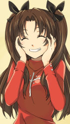 Rule 34 | 1girl, black bow, bow, brown hair, chiharu (9654784), closed eyes, fate/stay night, fate (series), grin, hair bow, hands on own cheeks, hands on own face, highres, long hair, long sleeves, red shirt, shirt, simple background, smile, solo, tohsaka rin, twintails, upper body, very long hair, yellow background