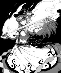 Rule 34 | 1girl, breasts, dress, flaming sword, flaming weapon, food, food on head, fruit, fruit on head, greyscale, hat, highres, hinanawi tenshi, long hair, looking at viewer, monochrome, object on head, peach, shaded face, slit pupils, small breasts, smile, solo, sunatoshi, sword of hisou, touhou