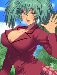 Rule 34 | 1girl, breasts, cleavage, green eyes, green hair, ikkitousen, large breasts, long hair, looking at viewer, murata tefu, open mouth, plaid, ryofu housen, school uniform, skirt, smile, solo, twintails