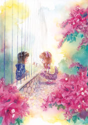 Rule 34 | 1boy, 1girl, absurdres, backlighting, blush, braid, brown hair, child, cloud, colorful, commentary, couple, dress, eye contact, fence, flower, hairband, happy, highres, hood, hoodie, looking at another, mary janes, open mouth, original, painting (medium), pink dress, pinky swear, railing, selina, shoes, sky, smile, squatting, striped clothes, striped dress, traditional media, twin braids, watercolor (medium)