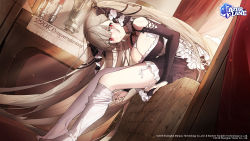 Rule 34 | 1girl, absurdres, azur lane, bed, bent over, between breasts, black dress, black nails, black ribbon, blush, breasts, canopy bed, cleavage, closed mouth, commentary, congratulations, copyright name, curtains, dress, dressing, dutch angle, english commentary, expressionless, formidable (azur lane), frilled dress, frills, from side, full body, hair between eyes, hair ribbon, highres, large breasts, leaning forward, logo, long hair, long sleeves, looking at viewer, milestone celebration, nail polish, off-shoulder dress, off shoulder, official art, on bed, pantyhose, red eyes, ribbon, second-party source, silver hair, sitting, solo, sunlight, thighhighs, thighs, very long hair, wata (attaka towel), watermark, white neckwear, white pantyhose, white thighhighs