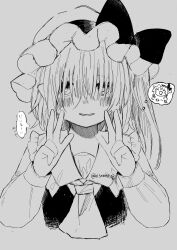 Rule 34 | 1girl, absurdres, ascot, blush, double v, flandre scarlet, greyscale, hat, highres, long sleeves, looking at viewer, mob cap, monochrome, niseneko (mofumofu ga ienai), one side up, simple background, solo, speech bubble, touhou, translation request, twitter username, upper body, v, white background