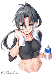 Rule 34 | 1girl, alternate costume, amagiri (kancolle), bottle, cropped torso, ebifurya, glasses, grey eyes, grey hair, hair between eyes, highres, kantai collection, long hair, looking at viewer, navel, one-hour drawing challenge, open mouth, ponytail, simple background, solo, sports bra, sweatdrop, towel, very long hair, water bottle, white background