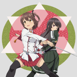 2girls :d back-to-back black_hair black_pantyhose black_thighhighs blunt_bangs breasts brown_eyes brown_hair buttons commentary_request double-breasted dress etou_kanami green_dress hair_between_eyes heijou_institute_school_uniform highres holding holding_sword holding_weapon juujou_hiyori katana kikumon long_hair long_sleeves looking_at_viewer medium_breasts miniskirt minoseki_gakuin_uniform motsutoko multiple_girls one_side_up open_mouth pantyhose pleated_skirt red_eyes red_skirt sakuramon school_uniform short_hair sidelocks skirt smile standing sword thighhighs toji_no_miko v-shaped_eyebrows weapon winter_uniform zettai_ryouiki