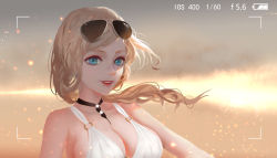 Rule 34 | 1girl, absurdres, azur lane, bare shoulders, bikini, blonde hair, blue eyes, blush, breasts, cleavage, evening, eyewear on head, hair ornament, hair over shoulder, highres, hood (azur lane), hood (lady of the shining sun) (azur lane), large breasts, light particles, long hair, looking at viewer, moyude wangzi jiang, o-ring, o-ring top, official alternate costume, open mouth, orange sky, outdoors, red lips, sidelocks, sky, smile, solo, sunglasses, swimsuit, white bikini, wind, wind lift