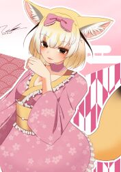 Rule 34 | 1girl, animal ears, blonde hair, blush, breasts, brown eyes, checkered sash, choker, cleavage, extra ears, fennec (kemono friends), floral print, floral print kimono, fox ears, fox tail, highres, japanese clothes, kemono friends, kimono, large breasts, looking at viewer, multicolored hair, obi, open mouth, pink kimono, print kimono, sash, shironappa 46, short hair, smile, solo, tail, white hair, wide sleeves