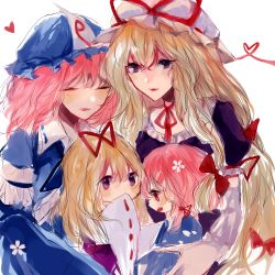 Rule 34 | 4girls, :d, arm garter, blonde hair, blue dress, blue headwear, blush, bow, choker, closed eyes, dress, elbow gloves, gloves, hair between eyes, hair bow, hair ribbon, hat, hat ribbon, heart, heart of string, highres, hu su, if they mated, long hair, long sleeves, looking at viewer, mob cap, mother and daughter, multiple girls, open mouth, parted lips, pink hair, profile, purple dress, purple eyes, red bow, red choker, red ribbon, ribbon, ribbon-trimmed collar, ribbon-trimmed sleeves, ribbon choker, ribbon trim, saigyouji yuyuko, short hair, simple background, smile, touhou, triangular headpiece, upper body, very long hair, white background, white gloves, white headwear, wide sleeves, wife and wife, yakumo yukari, yuri