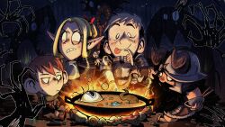 Rule 34 | 1girl, 3boys, :p, absurdres, armor, beard, black hair, blank eyes, blonde hair, blue capelet, blue robe, boots, bowl, brown gloves, campfire, capelet, chilchuck tims, chopsticks, clenched teeth, commentary, cooking, covered mouth, crossover, don&#039;t starve, dungeon meshi, dwarf, elf, english commentary, eyeball, facial hair, fake horns, fingerless gloves, flip-flops, food, gloves, green scarf, grey hair, hair around ear, halfling, helmet, highres, holding, holding bowl, holding staff, hood, hood down, hooded capelet, horned helmet, horns, jitome, laios touden, leather armor, long beard, long hair, long sleeves, looking back, making-of available, marcille donato, monster, multiple boys, mustache, night, on ground, outstretched arm, parody, parted bangs, pauldrons, plate armor, pointy ears, quo (quoiseternal), red hair, robe, salt shaker, sandals, scarf, senshi (dungeon meshi), shadow creature (don&#039;t starve), shirt, short hair, shoulder armor, sitting, soup, sprout, staff, standing, style parody, tallbird (don&#039;t starve), teeth, tentacles, tongue, tongue out, undercut, vambraces, white shirt