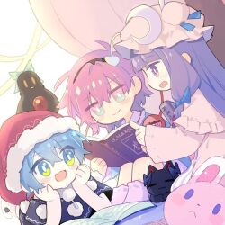 Rule 34 | 3girls, :d, bird, black bird, black capelet, black cat, black hairband, blouse, blue eyes, blue hair, blue shirt, blush, book, bright pupils, capelet, cat, chinese commentary, closed mouth, commentary, crescent, crescent hat ornament, curtains, doremy sweet, dress, hair between eyes, hair ornament, hairband, hat, hat ornament, head rest, heart, heart hair ornament, holding, holding book, kaenbyou rin, kaenbyou rin (cat), ko kita, komeiji satori, long hair, mob cap, multiple girls, nightcap, open book, open mouth, patchouli knowledge, pink capelet, pink dress, pink eyes, pink hair, pink headwear, pink socks, pom pom (clothes), purple eyes, purple hair, red headwear, reiuji utsuho, reiuji utsuho (bird), shirt, smile, socks, stuffed animal, stuffed rabbit, stuffed toy, third eye, touhou, white pupils