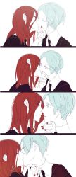 Rule 34 | 2others, androgynous, aqua eyes, aqua hair, cinnabar (houseki no kuni), colored eyelashes, comic, commentary request, closed eyes, eyes visible through hair, gem uniform (houseki no kuni), grabbing another&#039;s chin, hair over one eye, hand on another&#039;s chin, highres, houseki no kuni, kiss, multiple others, nail polish, phosphophyllite, red eyes, red hair, short hair, silent comic