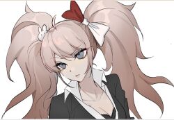 Rule 34 | 1girl, black shirt, blonde hair, bow, breasts, cleavage, collarbone, danganronpa: trigger happy havoc, danganronpa (series), danganronpa 3 (anime), enoshima junko, grey eyes, hair bow, hair ornament, large breasts, parted lips, rabbit hair ornament, shirt, simple background, solo, ta xing shen, teeth, twintails, upper body, white background