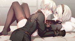 Rule 34 | 1boy, 1girl, aki663, bed, blue eyes, blush, couple, feather-trimmed sleeves, gloves, leotard, looking at another, lying, mole, mole under mouth, nier (series), nier:automata, no blindfold, no shoes, on back, short hair, thighhighs, white hair, 2b (nier:automata), 9s (nier:automata)