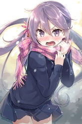 Rule 34 | 1girl, :o, akebono (kancolle), bell, blush, breath, commentary request, eretto, flower, hair bell, hair flower, hair ornament, highres, jingle bell, kantai collection, long hair, looking at viewer, nose blush, open mouth, photoshop (medium), pink scarf, plaid, plaid scarf, purple eyes, purple hair, scarf, side ponytail, skirt, solo, sweater, teeth, tongue, v-shaped eyebrows, very long hair