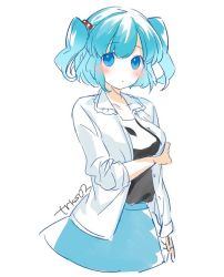 Rule 34 | 1girl, bad id, bad twitter id, blouse, blue eyes, blue hair, blush, blush stickers, breasts, contemporary, hair bobbles, hair ornament, jacket, kawashiro nitori, looking at viewer, matching hair/eyes, medium breasts, shirt, short hair, short twintails, sketch, skirt, solo, tori (otori), touhou, twintails, twitter username, two side up, upper body, white background