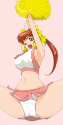 Rule 34 | 1girl, arms up, bare arms, bare legs, bare shoulders, breasts, brown eyes, brown hair, cameltoe, cheerleader, commentary request, cowboy shot, curvy, eyebrows, groin, hair ribbon, highres, holding, large breasts, long hair, looking down, mana (muten no kaito), meea, midriff, muten no kaito, navel, one eye closed, open mouth, panties, pantyshot, pink background, pink skirt, pom pom (cheerleading), ponytail, ribbon, sideboob, skirt, solo, spread legs, thighs, underwear, white panties, yellow ribbon