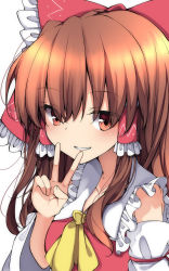 Rule 34 | 1girl, ascot, blush, bow, brown eyes, brown hair, clenched teeth, detached sleeves, hair bow, hair tubes, hakurei reimu, highres, long hair, looking at viewer, red bow, simple background, smile, solo, tangusuten, teeth, touhou, upper body, v, white background, yellow ascot