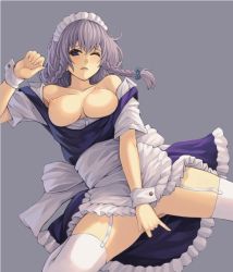 Rule 34 | 1girl, bare shoulders, blue eyes, blush, braid, breasts, covering privates, covering crotch, female focus, female masturbation, fingering, garter straps, grey background, hair ribbon, izayoi sakuya, large breasts, maid headdress, masturbation, nipples, oga102, one eye closed, open mouth, ribbon, short hair, silver hair, simple background, skirt, solo, thighhighs, touhou, twin braids, white thighhighs, wince, wink, wrist cuffs