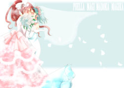 Rule 34 | 10s, 2girls, bare shoulders, blue hair, blush, bouquet, bow, bridal veil, bride, choker, closed eyes, couple, detached sleeves, dress, flower, formal, gem, hair bow, hair flower, hair ornament, hairband, highres, jewelry, kiss, long hair, mahou shoujo madoka magica, mahou shoujo madoka magica (anime), miki sayaka, multiple girls, necklace, pearl (gemstone), petals, ponytail, red hair, rose, sakura kyoko, short hair, togabeni, veil, wedding, wedding dress, white flower, white rose, wife and wife, yuri