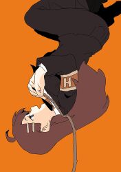Rule 34 | 1girl, ahoge, armband, black jacket, black pants, blue eyes, brown armband, brown hair, brown necktie, commentary request, formal, hair ornament, hairclip, hod (project moon), jacket, lobotomy corporation, long hair, medu (rubish), necktie, noose, open mouth, orange background, pants, project moon, shirt, simple background, smile, solo, spoilers, suit, upside-down, white shirt