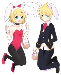 Rule 34 | 1boy, 1girl, :d, animal ear hairband, animal ears, bad id, bad pixiv id, bare shoulders, basket, black pantyhose, blue eyes, bow, brother and sister, buttons, carrot, choker, cuffs, easter, egg, fake animal ears, formal, full body, hair bow, hair ornament, hairclip, highres, hitsukuya, kagamine len, kagamine rin, leotard, long sleeves, open mouth, pantyhose, playboy bunny, rabbit ear hairband, rabbit ears, short hair, siblings, smile, suit, transparent background, twins, vocaloid