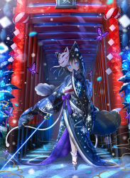 Rule 34 | 1girl, animal ear fluff, animal ears, black footwear, black hair, black kimono, blue eyes, blurry, blush, bug, butterfly, commentary request, covered mouth, depth of field, facial mark, floral print, fox mask, glowing, hair ornament, hand up, head tilt, highres, holding, holding sword, holding weapon, insect, japanese clothes, katana, kimono, long hair, long sleeves, looking at viewer, mask, mask on head, original, platform clogs, platform footwear, print kimono, sleeves past fingers, sleeves past wrists, socks, solo, standing, striped tail, sword, tabi, tail, torii, weapon, whisker markings, white socks, wide sleeves, yano mitsuki (nanairo)