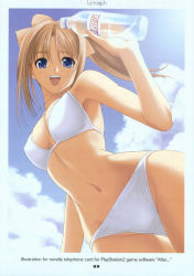 Rule 34 | 1girl, after (game), bikini, blue eyes, blush, bottle, bow, breasts, brown hair, cleavage, cloud, evian, hair bow, highres, holding, long hair, looking at viewer, medium breasts, navel, open mouth, ponytail, shiomiya kanami, sky, smile, standing, swimsuit, teeth, telephone card, tony taka, white bikini
