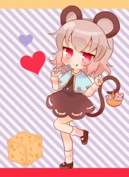 Rule 34 | 1girl, :q, animal, animal ears, bad id, bad pixiv id, basket, black dress, black footwear, blue capelet, blush, bobby socks, capelet, cheese, closed mouth, commentary request, diagonal stripes, dress, food, fork, grey hair, heart, holding, holding fork, leaning to the side, long hair, long sleeves, looking at viewer, mary janes, mashiro miru, mouse (animal), mouse ears, mouse girl, mouse tail, nazrin, prehensile tail, red eyes, shoes, smile, socks, solo, standing, standing on one leg, striped, striped background, swiss cheese, tail, tongue, tongue out, touhou, white socks
