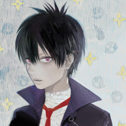 Rule 34 | 1boy, black hair, blood lad, fangs, looking at viewer, male focus, matayoshi, necktie, pale skin, parted lips, red eyes, simple background, solo, spiked hair, vampire, vlad charlie staz