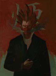 Rule 34 | 1boy, absurdres, black jacket, character request, cmxv, dorohedoro, frown, highres, jacket, long sleeves, looking at viewer, male focus, mask, red hair, sanpaku, shirt, solo, spiked hair, white shirt