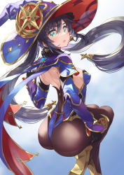 Rule 34 | 1girl, :o, absurdres, ass, black hair, blue eyes, blue hat, blue leotard, breasts, brown pantyhose, cape, floating hair, from behind, genshin impact, gold trim, hat, hatsuga (dmaigmai), highres, leotard, long hair, looking at viewer, looking back, mona (genshin impact), no bra, open mouth, pantyhose, small breasts, solo, twintails, very long hair, witch hat