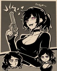 Rule 34 | 1girl, :d, absurdres, ashley graves, black choker, black hair, black nails, border, breasts, bright pupils, choker, cleavage, commentary, cropped torso, earrings, english commentary, finger on trigger, gun, half-closed eyes, hand up, handgun, highres, holding, holding weapon, jewelry, khrnnfz, long hair, looking at viewer, medium breasts, multiple views, nemlei, nemlei (style), o3o, open mouth, pink eyes, reference inset, revolver, shirt, smile, stud earrings, the coffin of andy and leyley, weapon, white border, white pupils