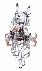 Rule 34 | 1girl, animal ear fluff, animal ears, arknights, black gloves, coat, ear ornament, frostnova (arknights), full body, gloves, grey eyes, grey hair, grey shirt, hair ornament, hairclip, jaggy lines, long hair, one eye covered, open clothes, open coat, rabbit ears, rabbit girl, scar, scar on face, scar on nose, shirt, solo, thighhighs, thurim6, white coat, white thighhighs