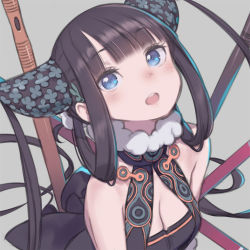 Rule 34 | 1girl, bare shoulders, black dress, blue eyes, blunt bangs, blush, breasts, china dress, chinese clothes, cleavage, dress, fate/grand order, fate (series), flute, grey background, hair ornament, head tilt, instrument, kuroboshi kouhaku, leaf hair ornament, long hair, looking at viewer, medium breasts, open mouth, purple hair, sidelocks, simple background, solo, twintails, very long hair, yang guifei (fate), yang guifei (second ascension) (fate)