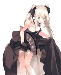 Rule 34 | 1girl, :d, black bow, black dress, black gloves, blue eyes, bow, breasts, choker, cleavage, dress, echo (circa), fate/grand order, fate (series), feather hair ornament, feathers, floating hair, gloves, hair bow, hair ornament, hand fan, holding, holding fan, jewelry, leaning forward, long hair, looking at viewer, marie antoinette (fate), marie antoinette (formal dress) (fate), medium breasts, necklace, official alternate costume, open mouth, silver hair, simple background, skirt hold, sleeveless, sleeveless dress, smile, solo, standing, strapless, strapless dress, twintails, very long hair, white background, white feathers