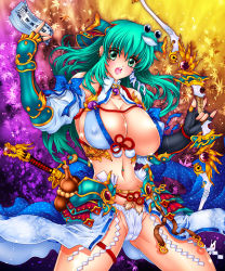 Rule 34 | 1girl, alternate costume, arm ribbon, autumn leaves, bikini, bikini top only, black gloves, bow (weapon), breasts, cleavage, detached sleeves, dragon, covered erect nipples, fingerless gloves, frog hair ornament, gauntlets, gloves, gourd, green eyes, green hair, hair ornament, john r, kochiya sanae, large breasts, loincloth, long sleeves, matching hair/eyes, midriff, navel, navel piercing, open mouth, piercing, revealing clothes, ribbon, showgirl skirt, snake hair ornament, solo, spell card, swimsuit, sword, touhou, weapon