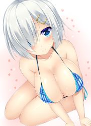 Rule 34 | 10s, 1girl, arm support, bare shoulders, bikini, blue bikini, blue eyes, blush, breasts, cleavage, female focus, frilled bikini, frills, gradient background, hair ornament, hair over one eye, hairclip, hamakaze (kancolle), kantai collection, large breasts, looking at viewer, shiny skin, short hair, side-tie bikini bottom, silver hair, sitting, skindentation, smile, solo, swimsuit, yahiro (anhnw)