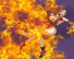 Rule 34 | absurdres, breasts, fatal fury, fire, highres, large breasts, long hair, ponytail, shiranui mai, solo