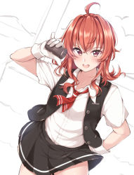 Rule 34 | 1girl, ahoge, arashi (kancolle), arm behind back, black skirt, blush, collarbone, gloves, hair between eyes, holding, jiino, kantai collection, looking at viewer, medium hair, red eyes, red hair, shirt, short sleeves, simple background, skirt, solo, standing, sweater vest, teeth, upper teeth only, white gloves, white shirt