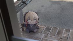 Rule 34 | 1girl, :3, absurdres, black gloves, black jacket, blonde hair, blush stickers, chibi, girls&#039; frontline, gloves, headgear, highres, holding, holding knife, jacket, kirby, knife, long hair, looking at viewer, losk, m4 sopmod ii jr, meme, o o, photo-referenced, photo background, red hair, solo
