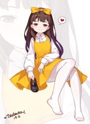Rule 34 | 1girl, black footwear, blush, bow, brown eyes, brown hair, closed mouth, collared shirt, commentary request, copyright request, dated, devotion, dress, dress shirt, du meishin, feet, hair bow, heart, highres, holding, holding shoes, loafers, long hair, no shoes, pantyhose, shirt, shoes, unworn shoes, signature, sleeveless, sleeveless dress, smile, solo, spoken heart, tsubasa tsubasa, very long hair, white background, white pantyhose, white shirt, yellow bow, yellow dress, zoom layer