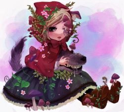 Rule 34 | 1girl, bad id, bad pixiv id, big bad wolf, fang, flower, grimm&#039;s fairy tales, little red riding hood, little red riding hood (grimm), mushroom, one eye closed, plant, ryouga (fm59), sitting, solo, surreal, vines, wolf
